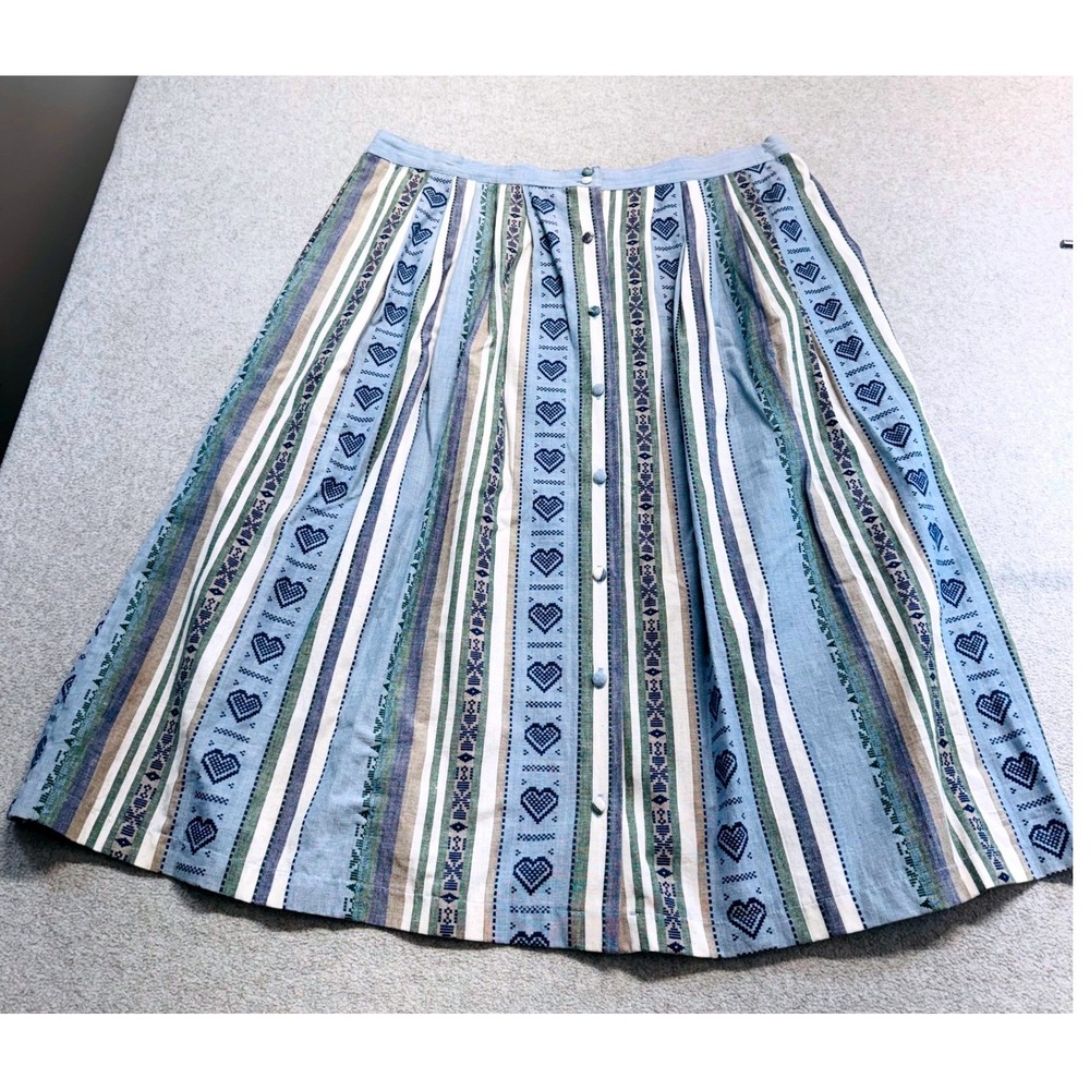 Vintage Karen Scott II Womens 20 Cotton Midi Skirt Blue Stripe Hearts Buttons